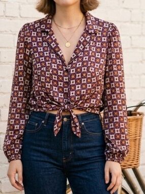 Éclair Purple Geometric Button-Up Blouse Womens Small EUC